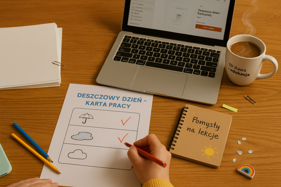 Karta pracy: "Deszczowy dzień – rysunek i opowiadanie"