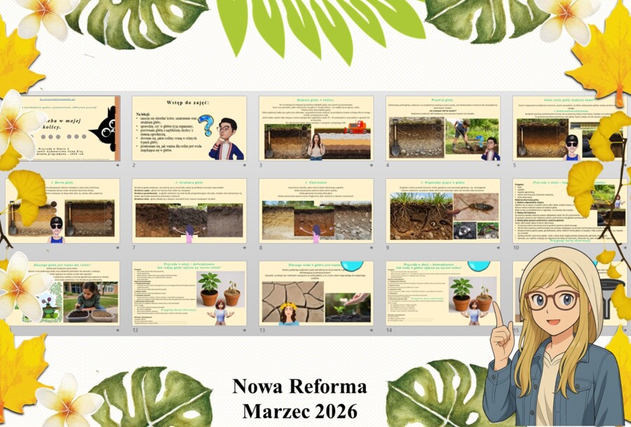 Prezentacja multimedialna w PowerPoint do edycji „Gleba w mojej okolicy” wykonana na podstawie podręcznika „Przyroda” Nowa Era. Przyroda 4. Dział „Moja okolica”.