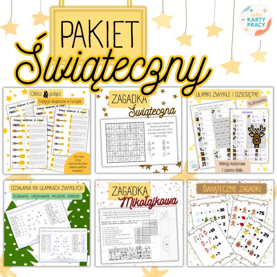 PAKIET ŚWIĄTECZNY - 6 materiałów + gratis - Święta / Boże Narodzenie / Mikołajki / łamigłówki / zagadki / Kodowanka / ułamki / pola figur / tabliczka mnożenia / potęgi / pierwiastki