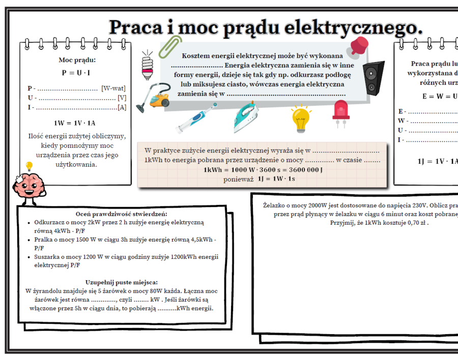 Praca i moc prądu elektrycznego - fizyka SP (karta pracy, 2 strony A4 dla ucznia i nauczyciela)