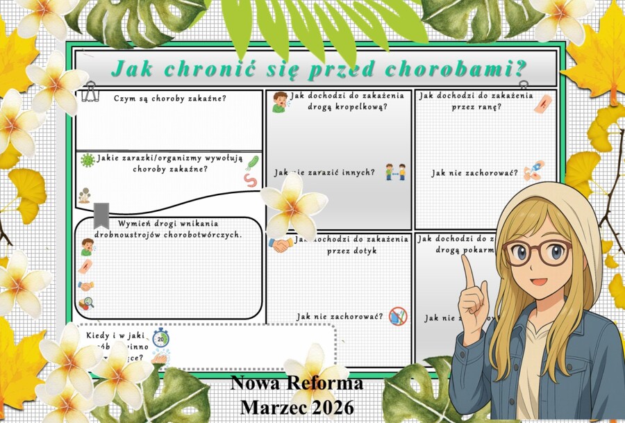 Karta pracy z przyrody do klasy 4 "Jak chronić się przed chorobami?". Przygotowana na podstawie podręcznika „Odkrywam przyrodę” wydawnictwa Nowa Era. Dział "Jak działa moje ciało?".