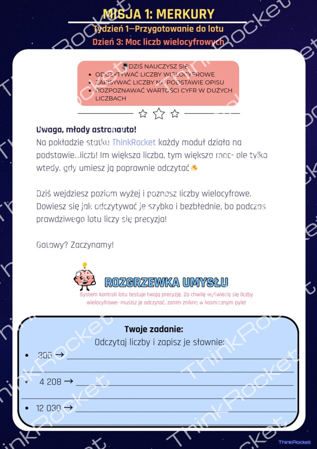 Liczby wielocyfrowe, system dziesiętny | Matematyka klasy 1-4 | 5 dni teorii i zadań w fabule kosmicznej misji ThinkRocket
