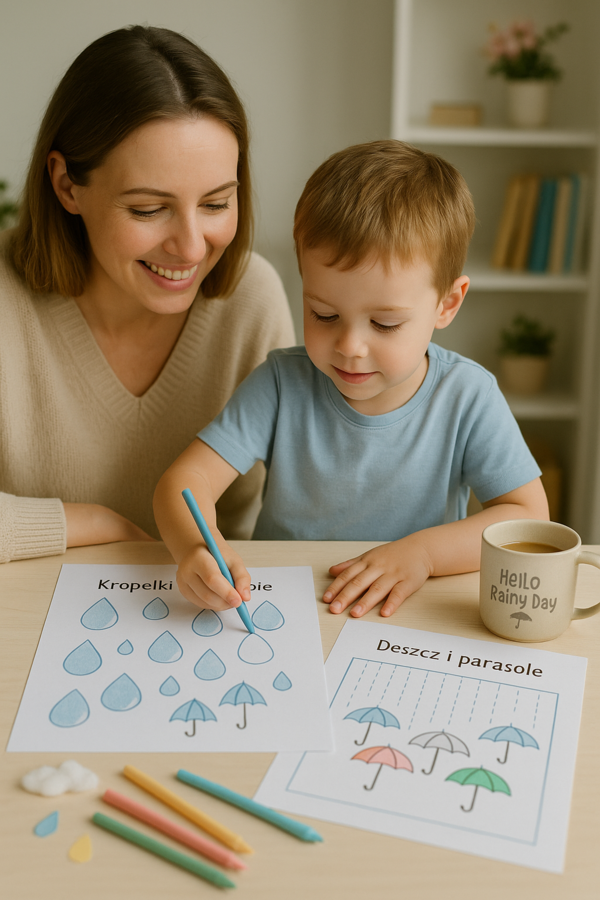 Kropelki na szybie – karta pracy do rysowania po śladzie