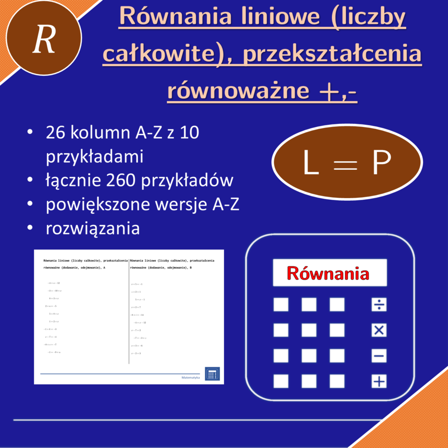 Równania liniowe (liczby całkowite), przekształcenia równoważne (dodawanie, odejmowanie) | matematyka, algebra | 26 kolumn