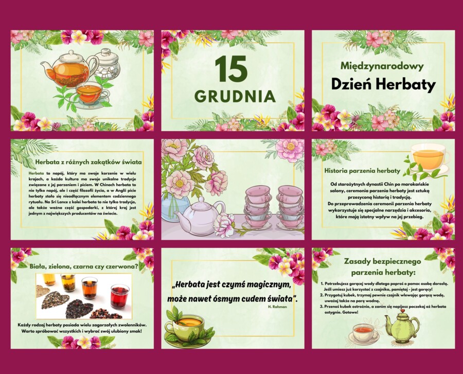 Gazetka Międzynarodowy Dzień Herbaty 15 grudnia - 9 plansz A4 piękne kolory