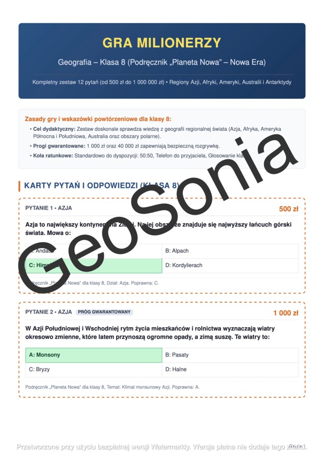 Milionerzy geografia klasa 8