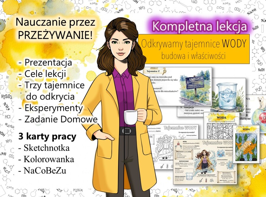 ZESTAW! Woda i roztwory: Właściwości i budowa wody - Prezentacja, Sketchnotka, Kolorowanka (chemia, kl 7). Dzień wody 💧 / Dzień Ziemi 🌍.