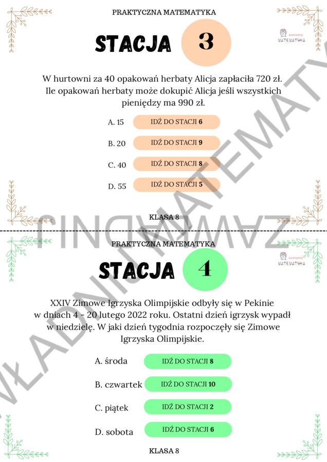 Stacje zadaniowe - praktyczna matematyka