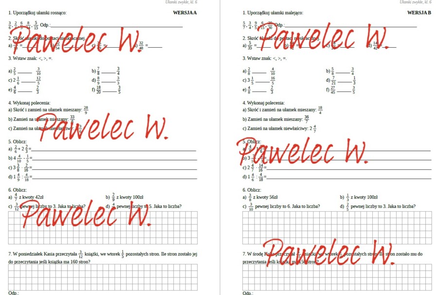 UŁAMKI ZWYKŁE kl. 6 - sprawdzian dwie grupy/wersje, karty pracy + odpowiedzi