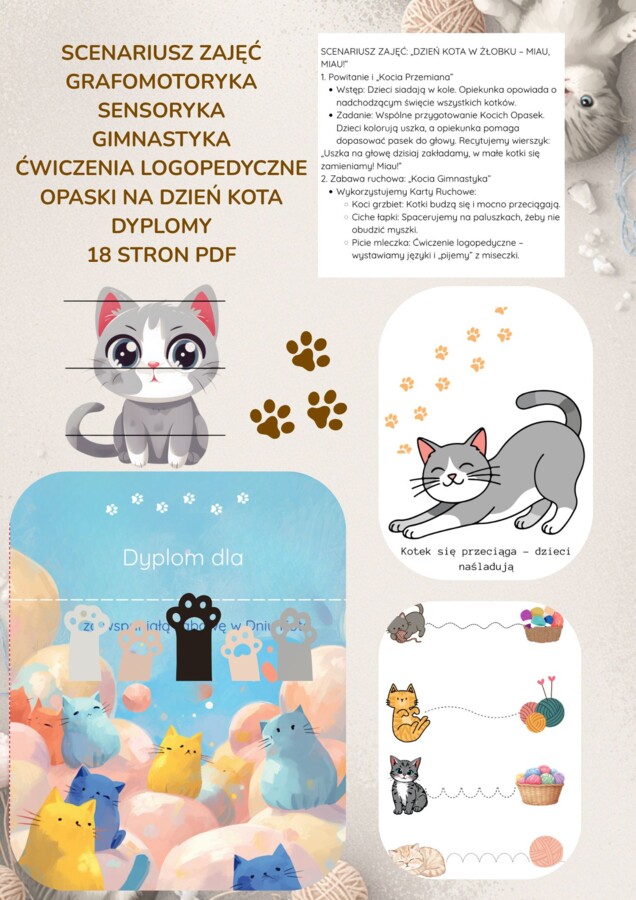 DZIEŃ KOTA W ŻŁOBKU I PRZEDSZKOLU – Wielki Pakiet Edukacyjny (18 STRON) + Scenariusz i Dyplom