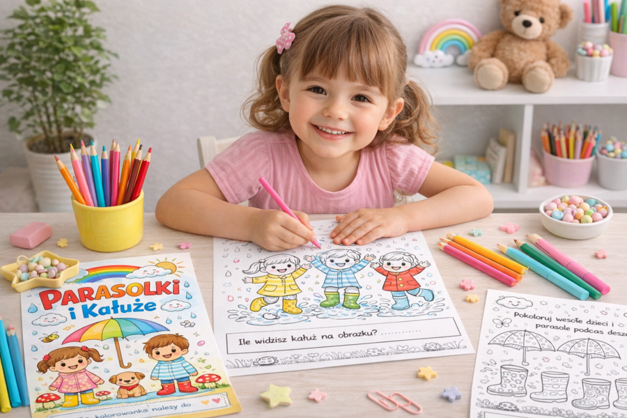 Kolorowanka: Parasolki i kałuże