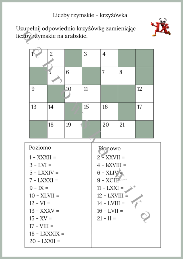 Liczby rzymskie - krzyżówka