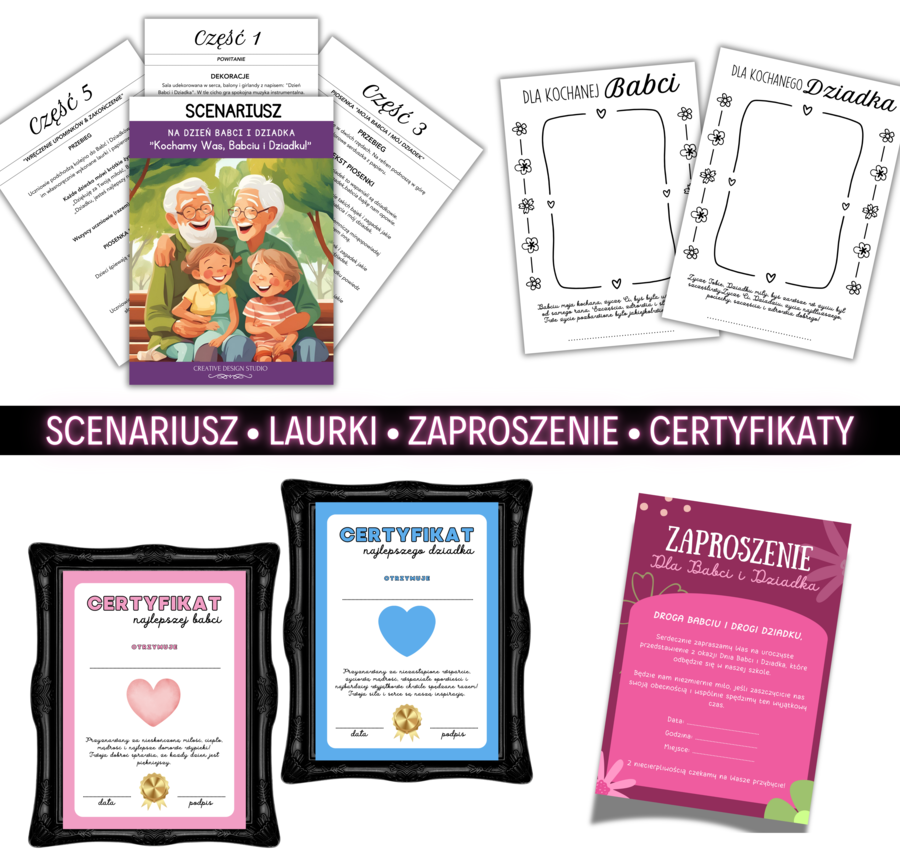 ZESTAW: Scenariusz na Dzień Babci I Dziadka dla klas 1-3 Dzień Babci Wierszyki, Piosenka, SCENKA, Zaproszenie,Certyfikaty & Laurkier