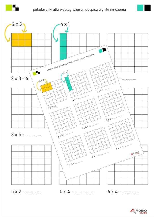 Kolorowanka, tabliczka mnożenia dla początkujących, mnożenie przez 2,3,4