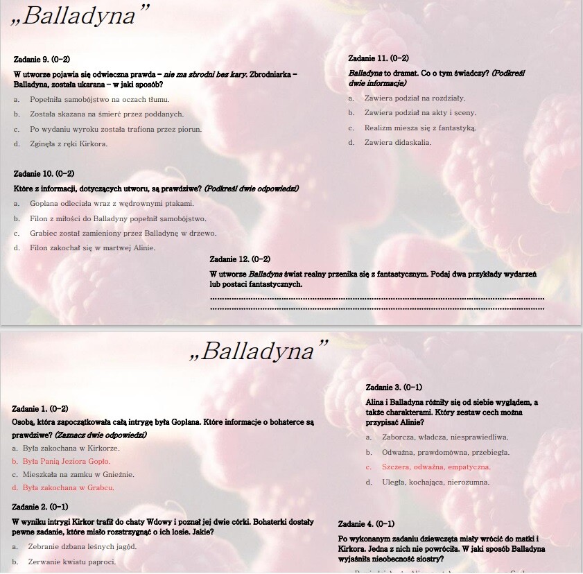 Test wprowadzający/powtórzeniowy do lektury "Balladyna"