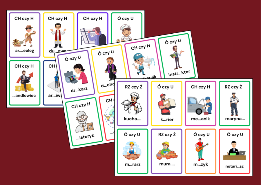 KARTY ORTOGRAFICZNE – ortografia – ZAWODY - 64 szt.