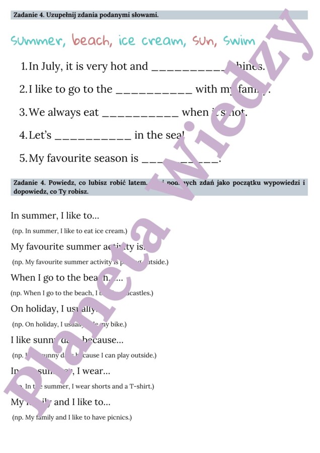 🌞WAKACYJNA KARTA PRACY 🌞 – SUMMER FUN – KLASY 1-3 SZKOŁY PODSTAWOWEJ - POZIOM A1/A1+ - WAKACYJNE SŁÓWKA, WYKREŚLANKA, SPAKUJ WALIZKE!, OPISZ OBRAZEK, CO LUBISZ ROBIĆ LATEM + ODPOWIEDZI