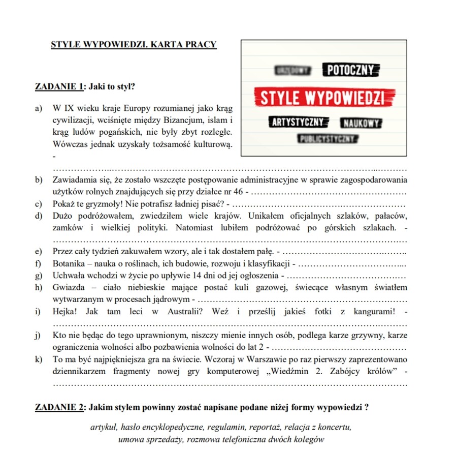 Style wypowiedzi. Karta pracy