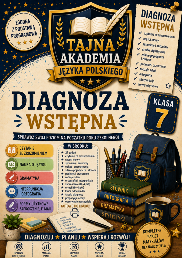 Diagnoza wstępna – język polski klasa 7 | test kompetencji + odpowiedzi + tabela diagnozy
