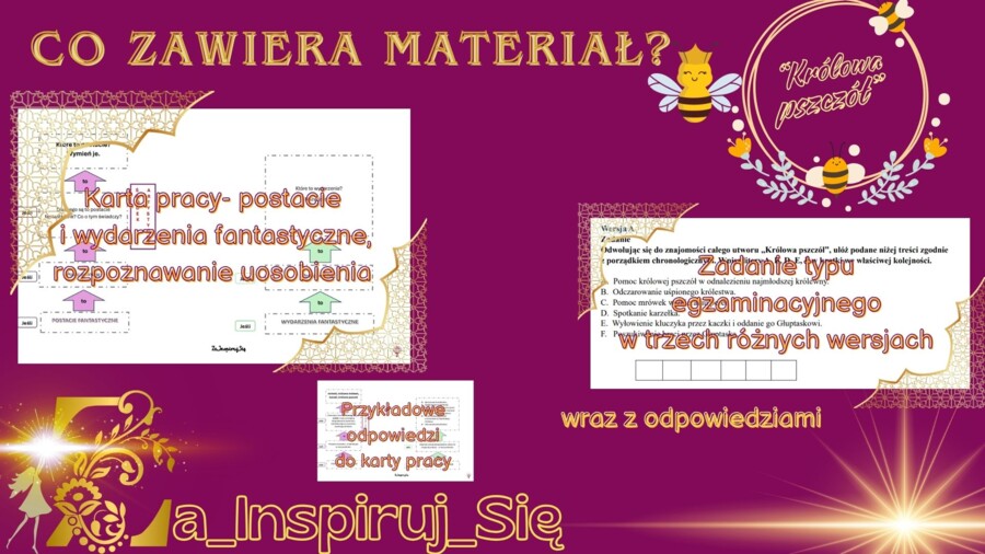 Baśnie: "Kopciuszek", "Bajka o rybaku i rybce", "Królowa pszczół", cechy baśni - karty pracy, scenariusz lekcji, zadania