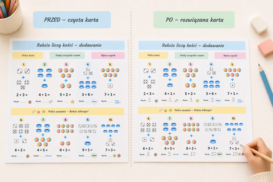 Reksio liczy kości – karta matematyczna