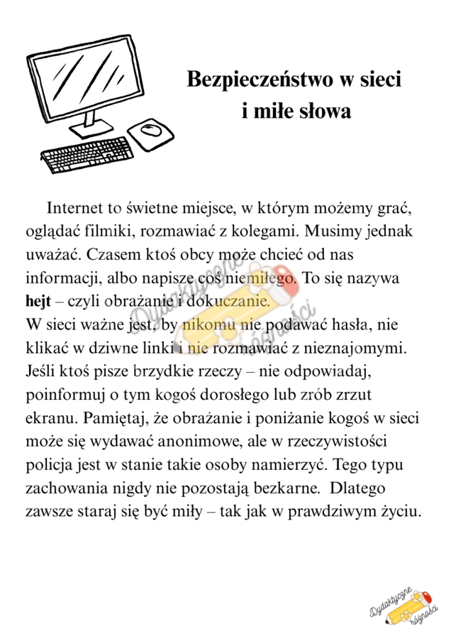 Bezpieczeństwo w sieci kl. 2-4. Karta pracy: czytanie ze zrozumieniem + zadania.
