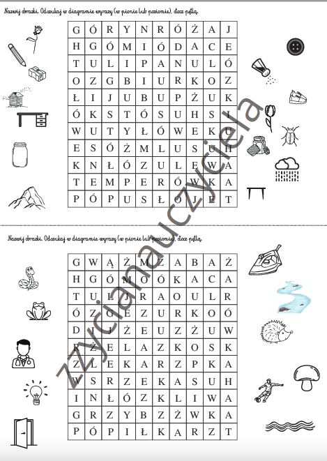 Ortografia: krzyżówki, wykreślanki, labirynty.