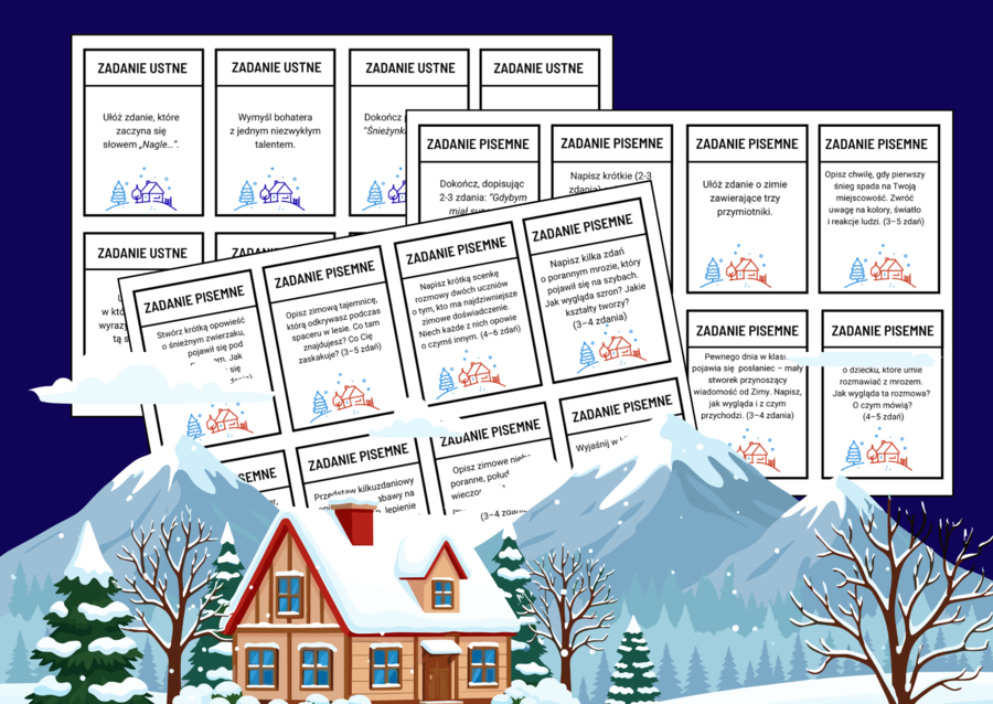 🎄❄️Fiszki „WYCIĄGNIJ I ROZWIĄŻ"– ❤️104 zadania na rozgrzewkę (ustne i pisemne) - język polski - kl. 4-6