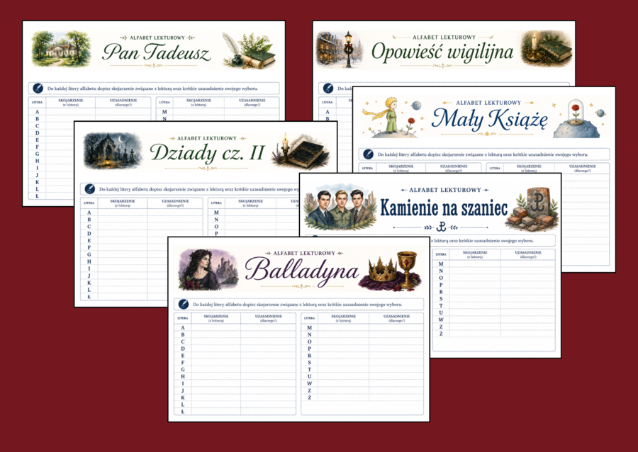 🔥ALFABET LEKTUROWY – karty pracy do 12 lektur (klasy 7–8) - wersja 1