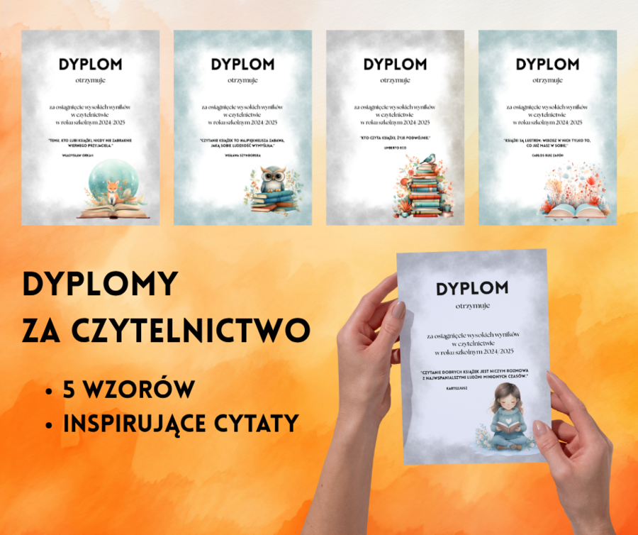 Dyplomy za czytelnictwo z inspirującymi cytatami - 5 wzorów