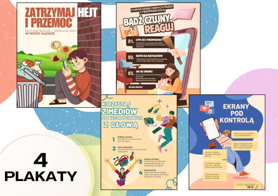 Pakiet edukacyjnych plakatów: Ochrona małoletnich, cyberprzemoc i odpowiedzialne korzystanie z technologii