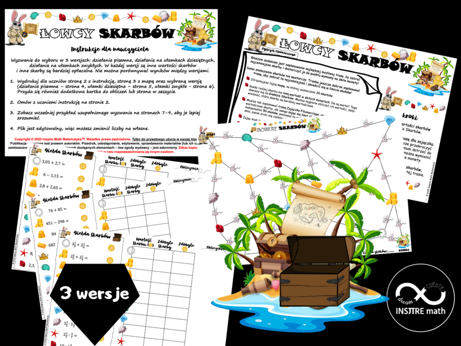 Matematyczni Łowcy Skarbów (działania pisemne lub ułamki zwykłe lub ułamki dziesiętne). Czerwiec, lato, wakacje.