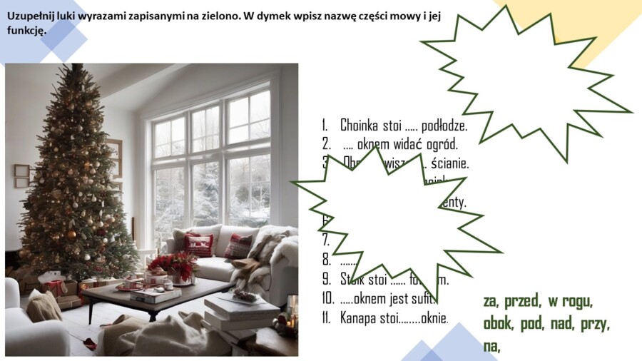 Świąteczna uzupełnianka z przyimkami.