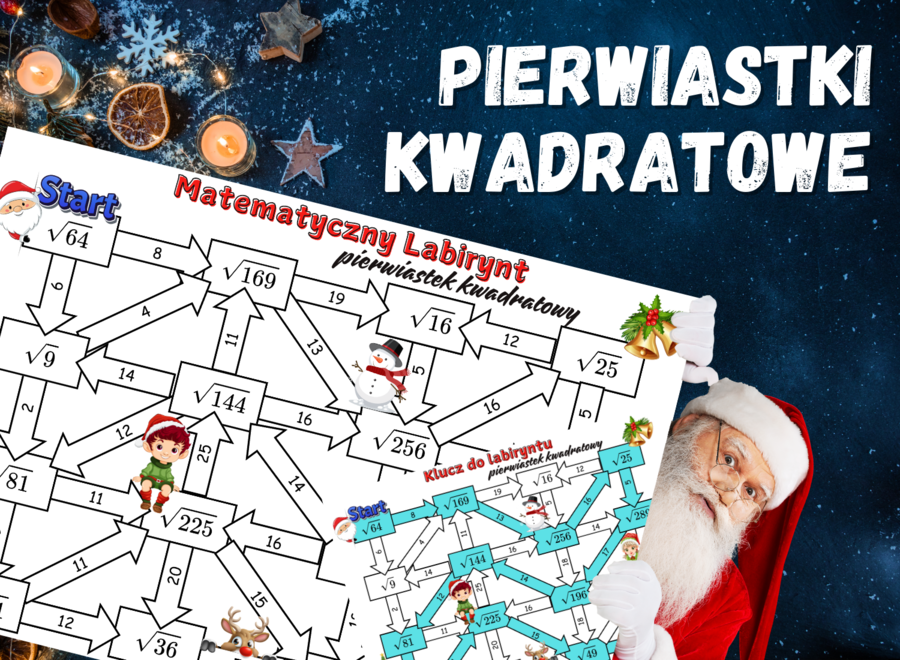 MATEMATYCZNY LABIRYNT - pierwiastek kwadratowy, klasa 7-8, karta pracy, Boże Narodzenie, Święta, Mikołajki, zima