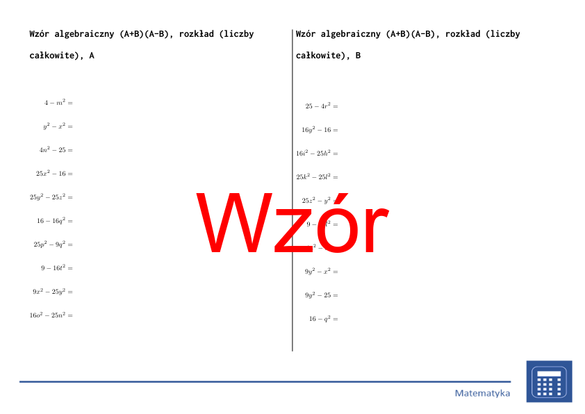 Wzór algebraiczny (A+B)(A-B), rozkład (liczby całkowite) | matematyka, algebra | 26 kolumn