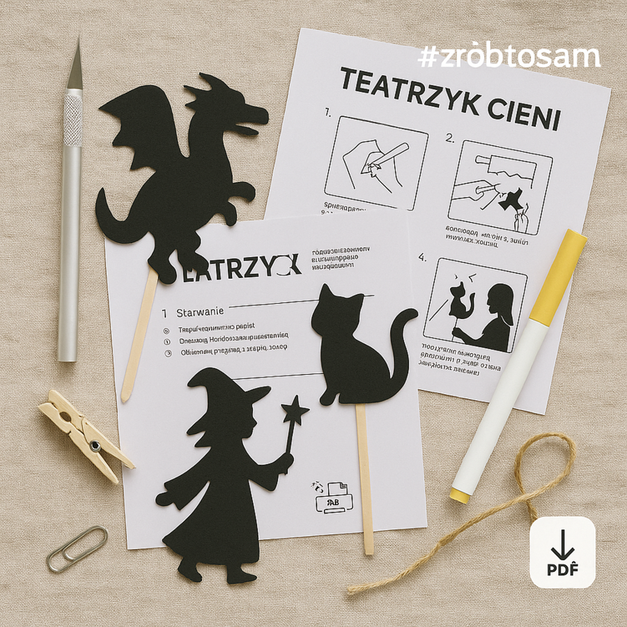 Teatrzyk cieni: własnoręcznie zrobione figurki z tektury, lampa, biała ściana.