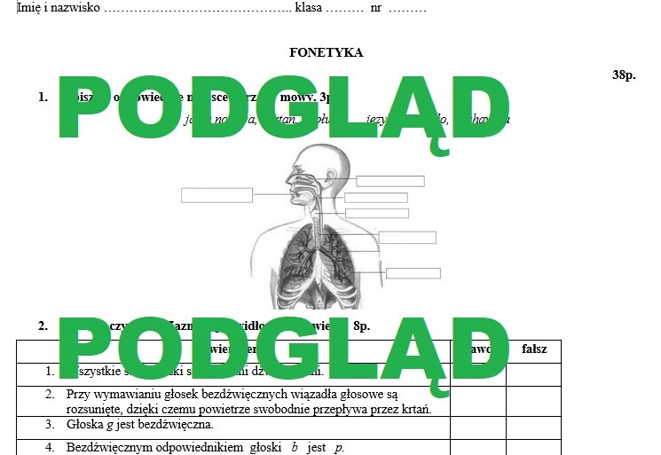 Fonetyka - sprawdzian dla kl. 7 i 8 + klucz odpowiedzi
