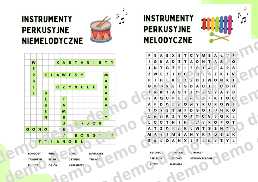 Muzyka, klasa 4. Instrumenty perkusyjne. Karty pracy: dwie wykreślanki.