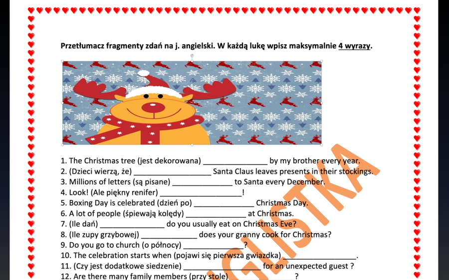 Tłumaczenie fragmentów zdań - Święta Bożego Narodzenia- Egzamin Ósmoklasisty z j. angielskiego