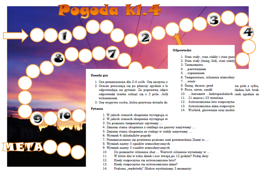 Gra planszowa dla klasy 4 na podsumowanie działu "Poznajemy pogodę i inne zjawiska przyrodnicze"