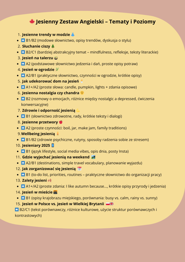 AUTUMN ENGLISH PACK Jesienny Zestaw Tematyczny z Języka Angielskiego – A1 do C1!