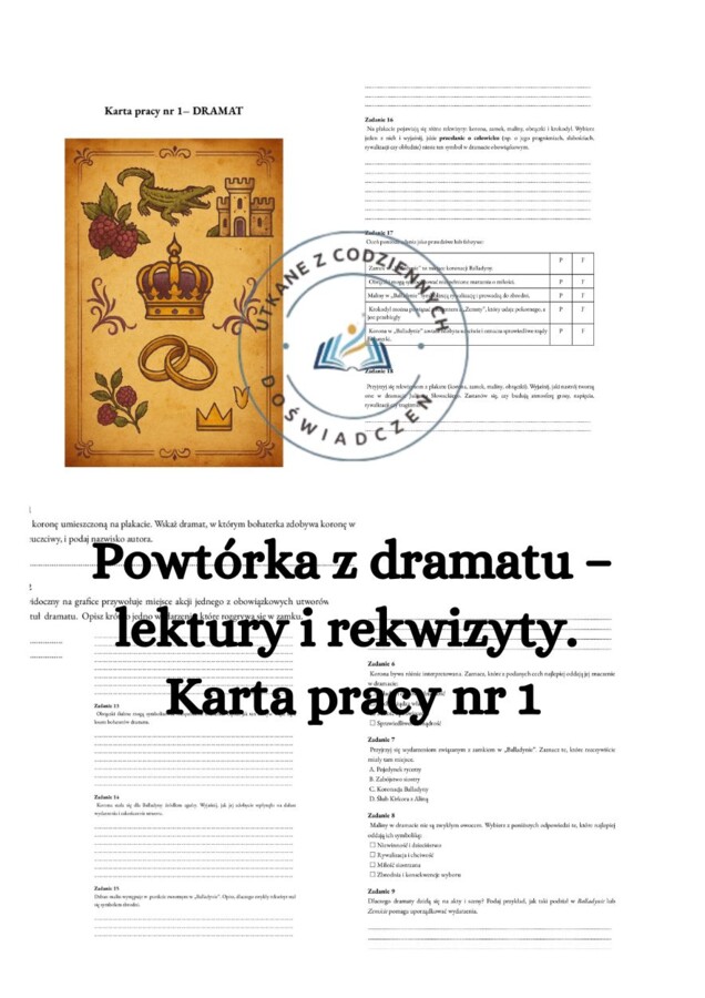 Powtórka z dramatu – lektury i rekwizyty. Karta pracy nr 1 z kluczem odpowiedzi