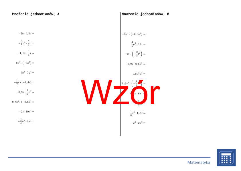 Mnożenie jednomianów | matematyka, algebra | 26 kolumn