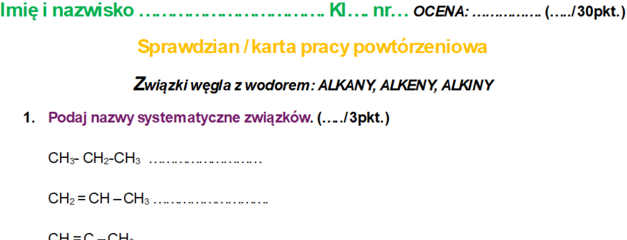 Sprawdzian/karta pracy powtórzenie "Związki węgla z wodorem" - alkany, alkeny, alkiny