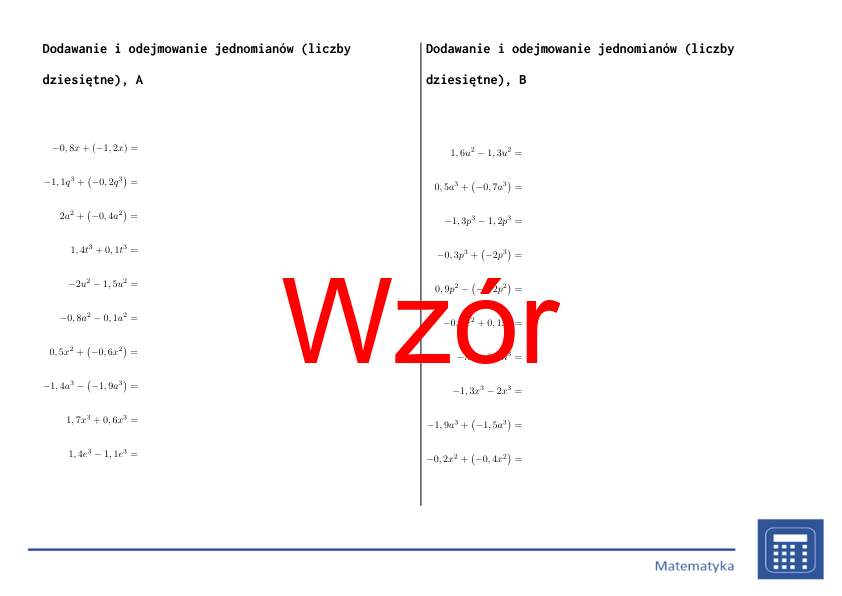 Dodawanie i odejmowanie jednomianów (liczby dziesiętne) | matematyka, algebra | 26 kolumn
