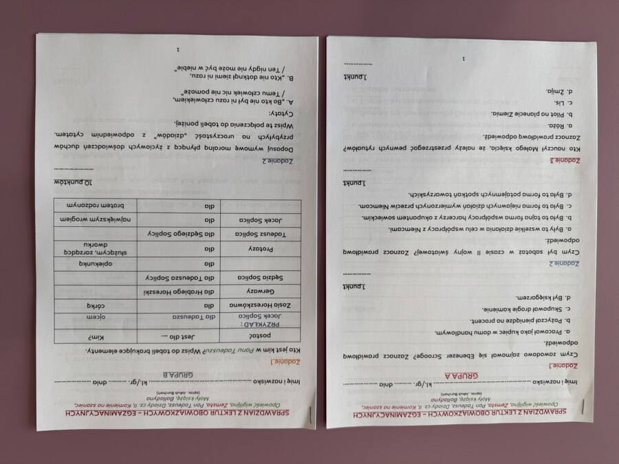 SPRAWDZIAN Z LEKTUR EGZAMINACYJNYCH ÓSMOKLASISTY