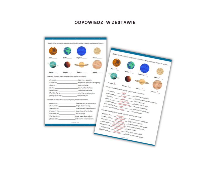 Leksykalno-gramatyczne karty pracy – Kosmos – Planety – Stopniowanie przymiotnika – Język angielski klasa 5–6 – PDF do druku – comparatives & superlatives – ESL A1+ Space CLIL