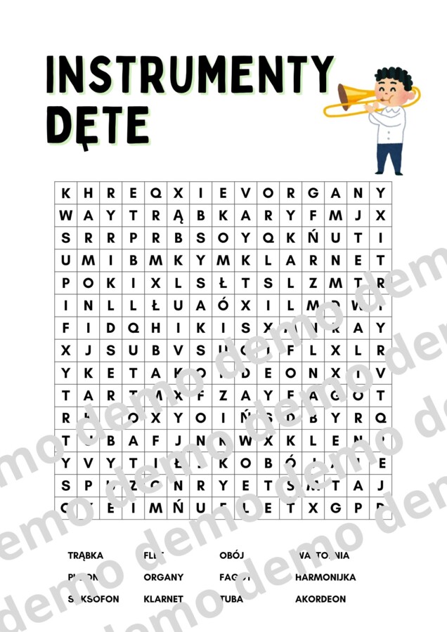 Muzyka, klasa 4-5. Instrumenty dęte. Karta pracy: wykreślanka.