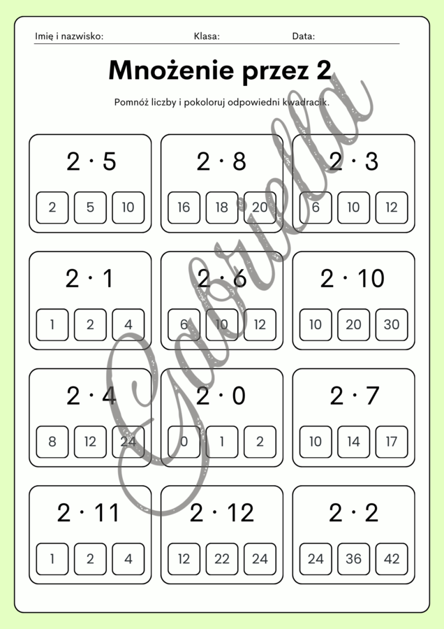 Tabliczka mnożenia - karty pracy, mnożenie przez 2,3,4 oraz 5.
