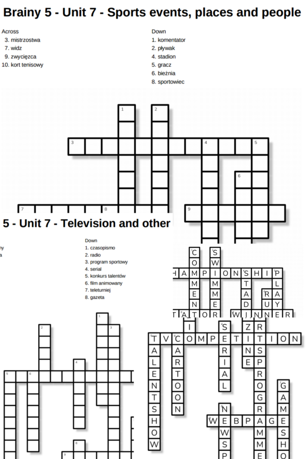 Brainy 5 – Unit 7 – krzyżówki – Sports events, places and people/Television and other media
